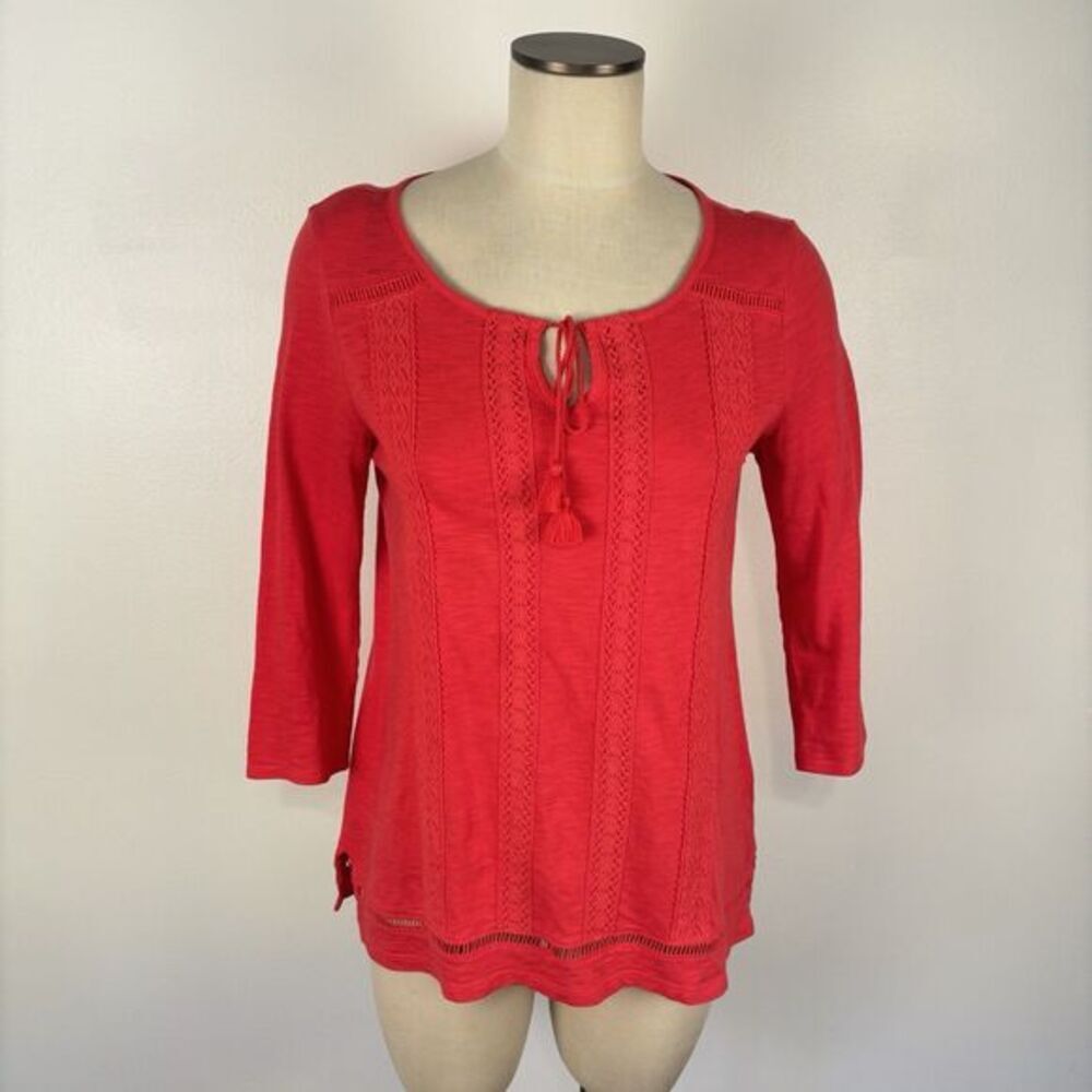 Talbots Small Peasant Blouse Top Pink Boho Tassel V-Neck Cotton Crochet Stripe